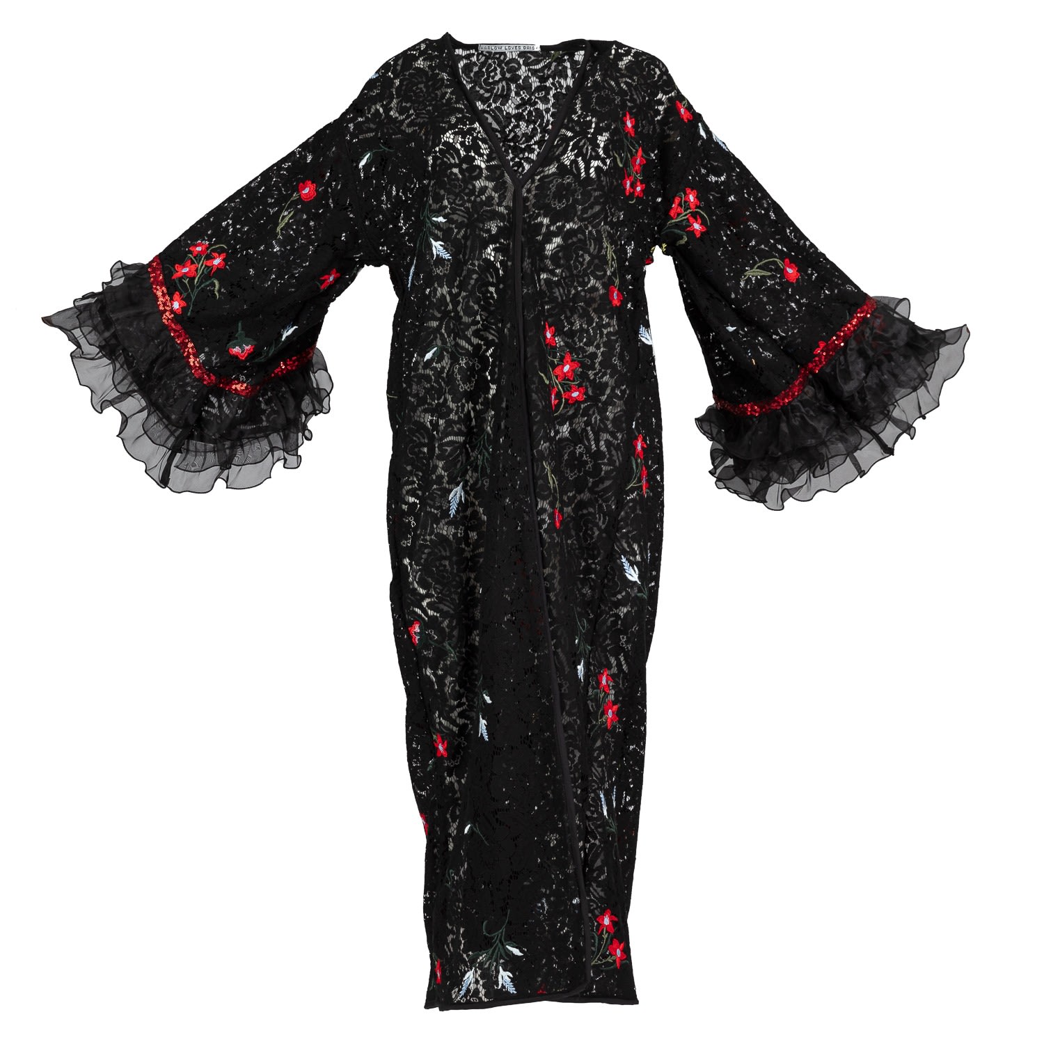 Women’s Red / Black Gaia - Black Embroidered Floral Lace Robe With Chiffon Frilly Sleeves And Sequins One Size Harlow Loves Daisy