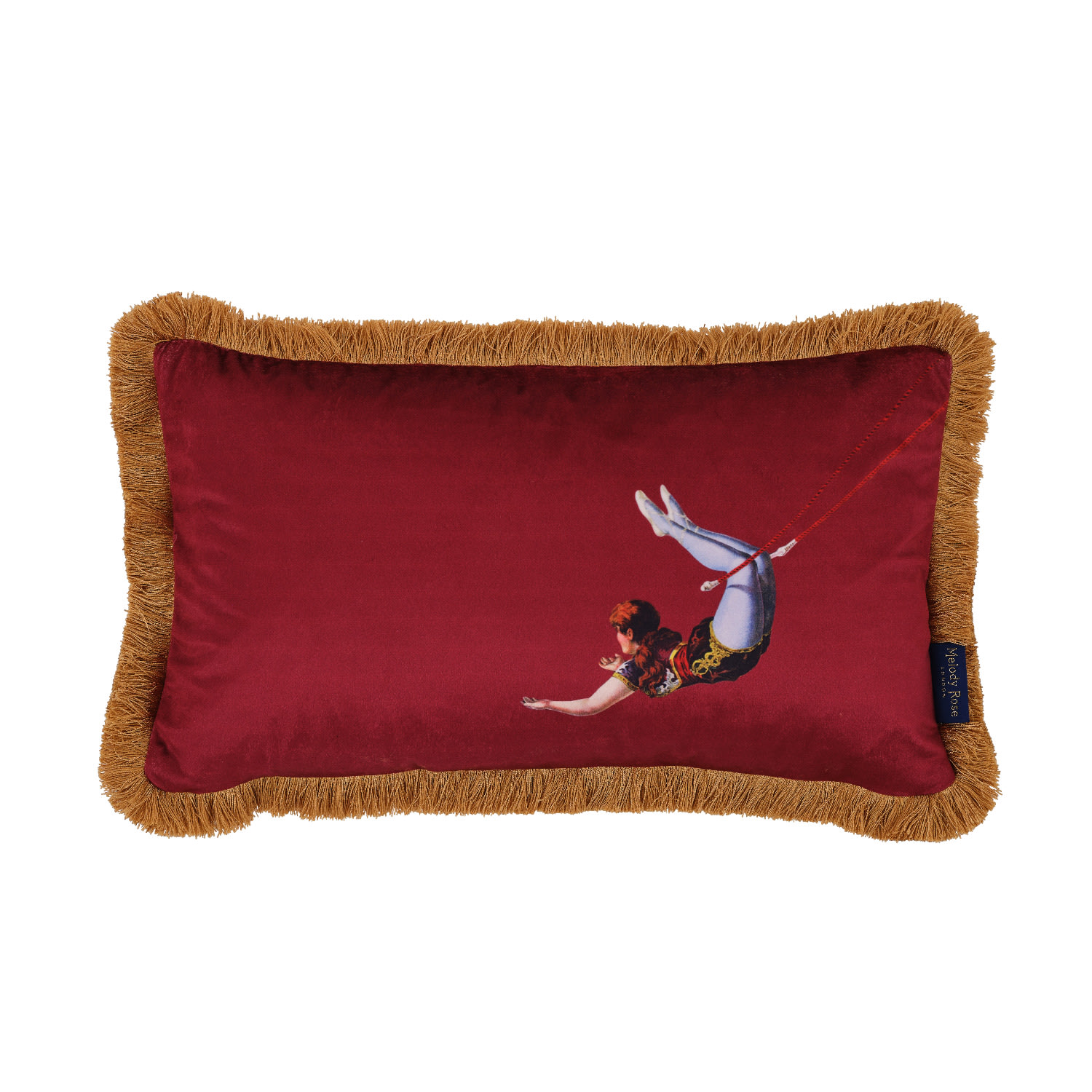 Red / Gold / Pink Trapeze Girl & Stripes Rectangle Velvet Cushion Deep Berry Red Melody Rose London