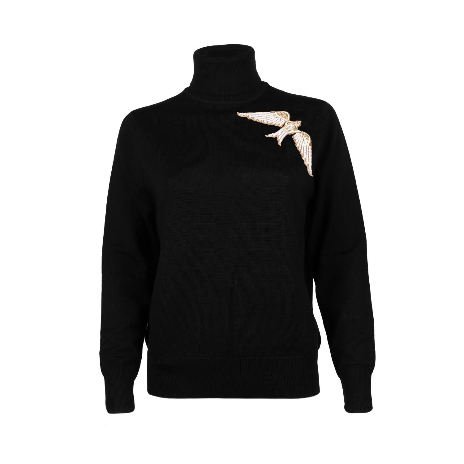 Women’s Laines Couture Pearl & Gold Bird Embellished Knitted Roll Neck Jumper - Black Small Laines London