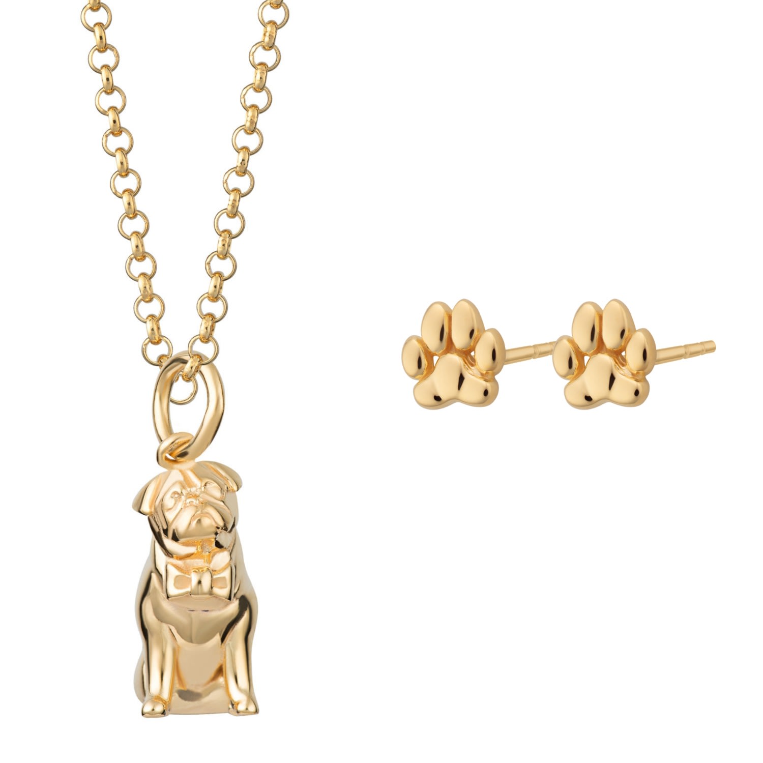 Women’s Gold Plated Pug Necklace & Paw Stud Jewellery Set Lily Charmed