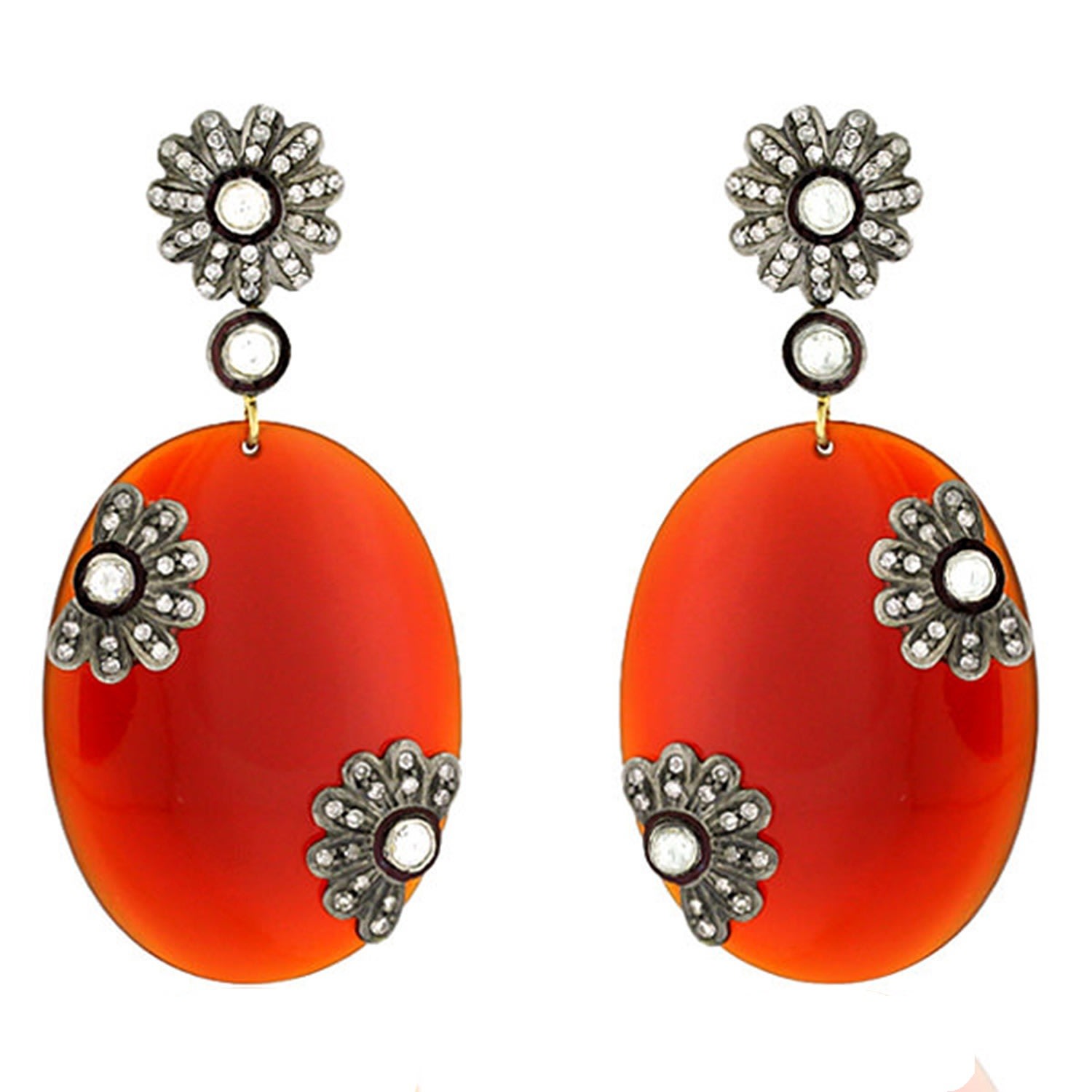 Women’s Gold / Yellow / Orange Oval Cut Red Onyx & Diamond In 18K Gold With Sterling Silver Designer Dangle Earrings Artisan