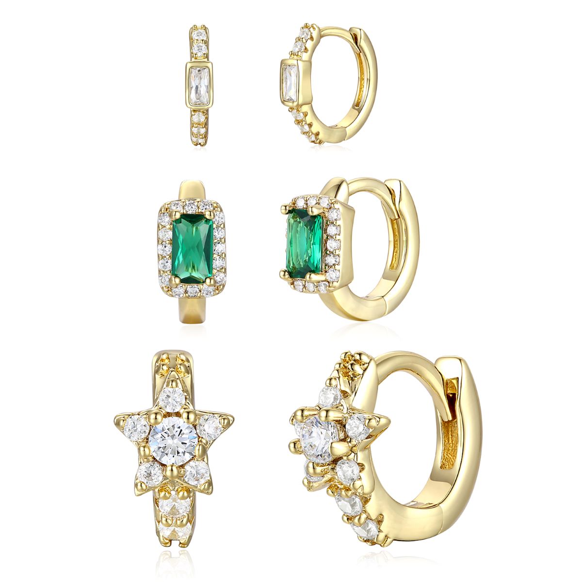 Women’s White / Gold / Green Louise Dainty Three-Piece Hoop Earrings Set Genevive Jewelry