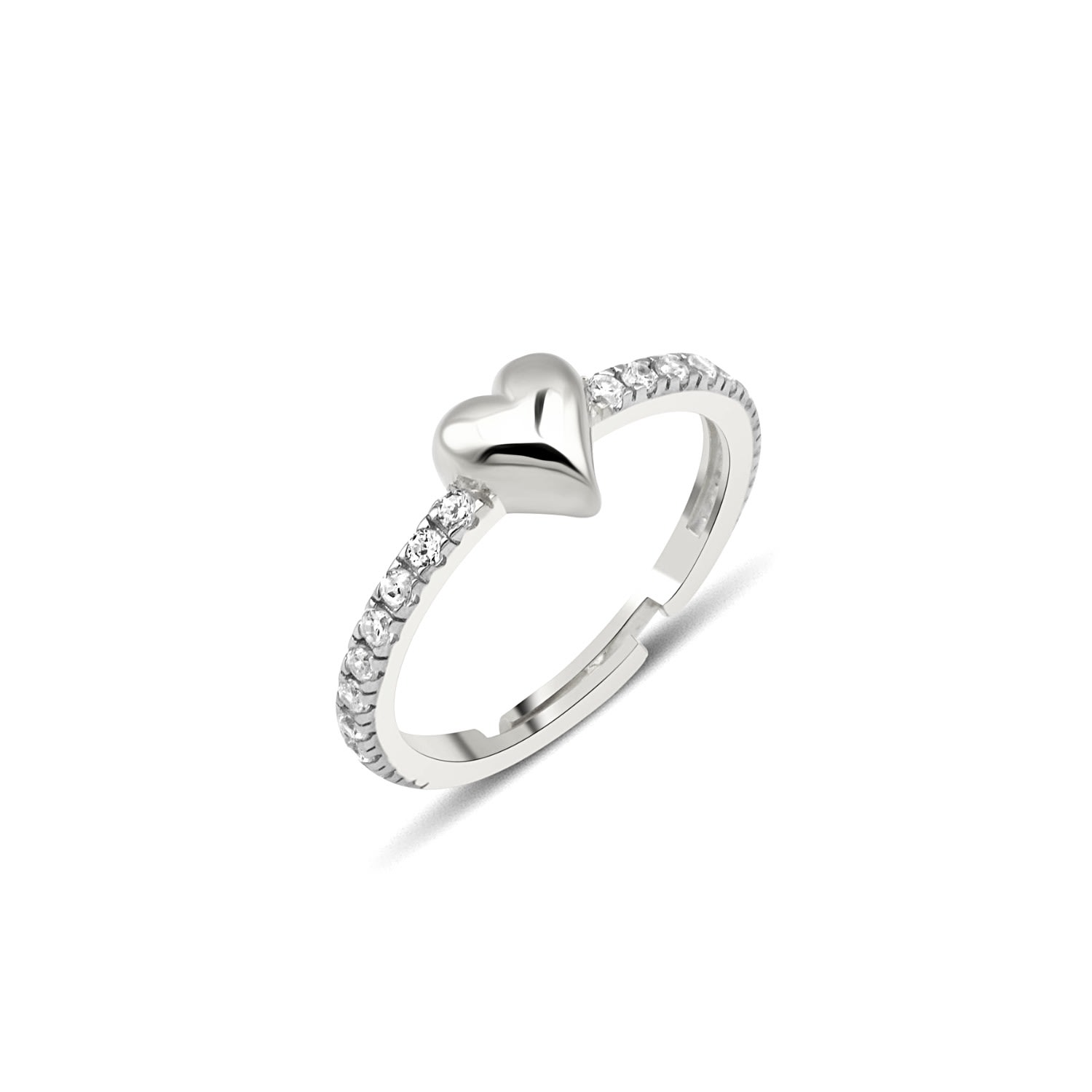 Women’s Love Heart Zirconia Half Round Adjustable Sterling Silver Ring - Silver Spero London