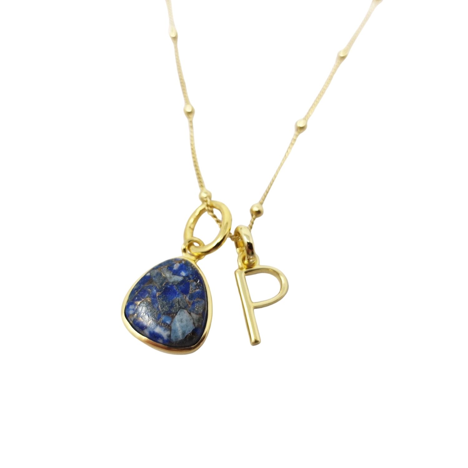 Women’s Gold / Blue Gold Vermeil Plated Blue Lapis Lazuli September Birthstone Initial Pendant Necklace Harfi