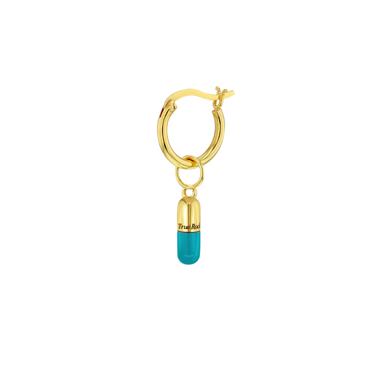 Women’s Blue / Gold Turquoise Enamel & 18Kt Gold-Plated Mini Pill Charm On Gold Hoop Earring True Rocks