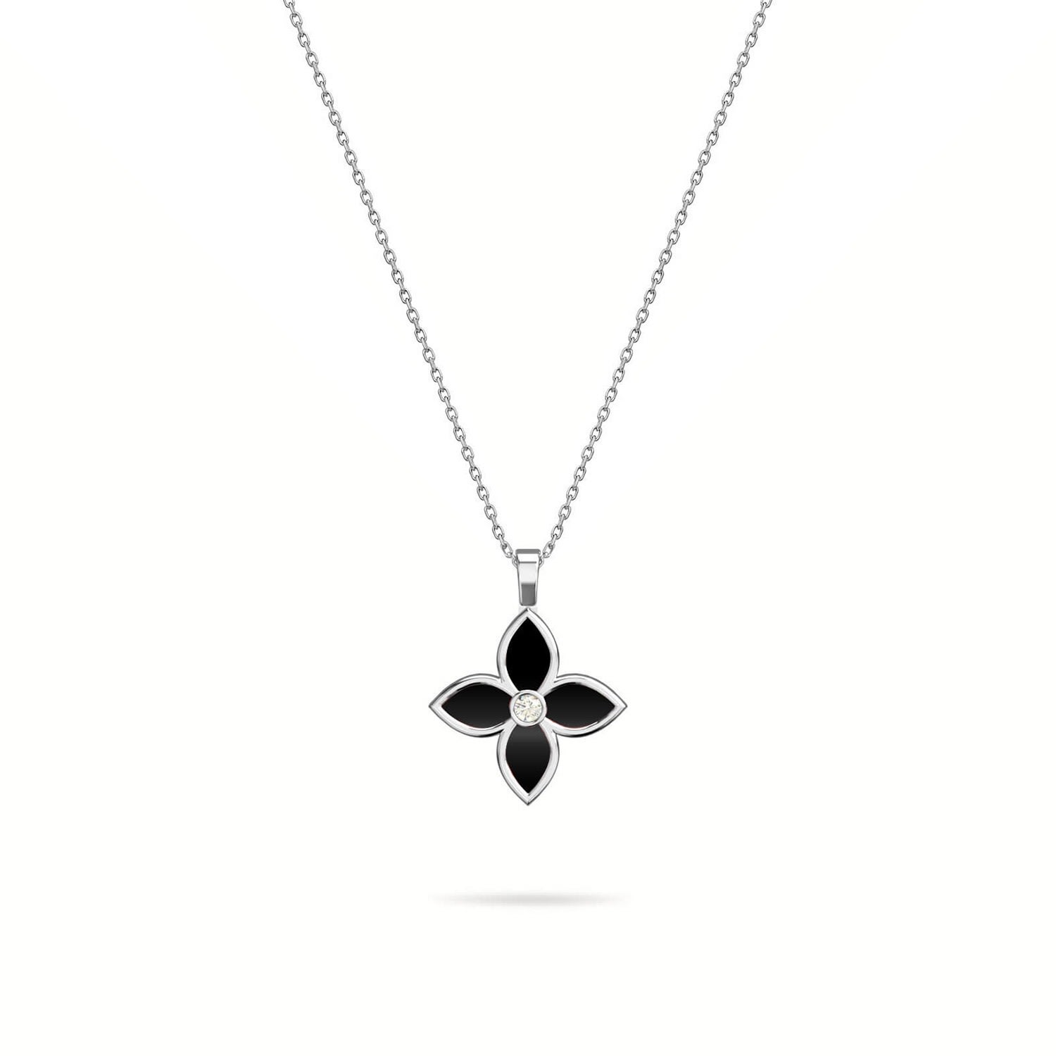 Women’s Necklace Ava Tall On Precious Stone,18K White Gold And Diamonds Onyx Aquae Jewels