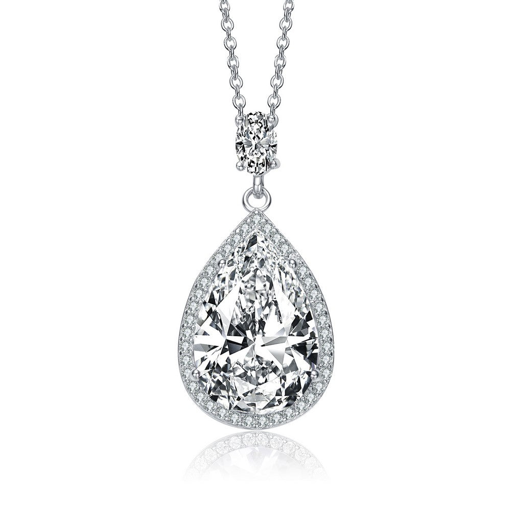 Women’s White / Silver Sterling Silver With Rhodium Plated Clear Pear With Oval And Round Cubic Zirconia Accent Drop Necklace Genevive Jewelry