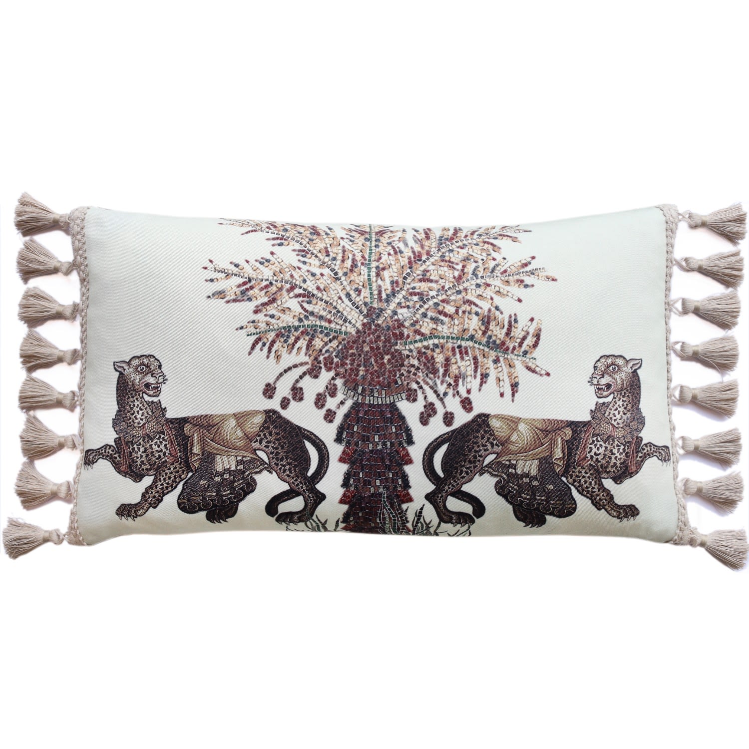 Leopard And Palm Cotton Cushion With Linen Tassel Fringe Cassandra Hone