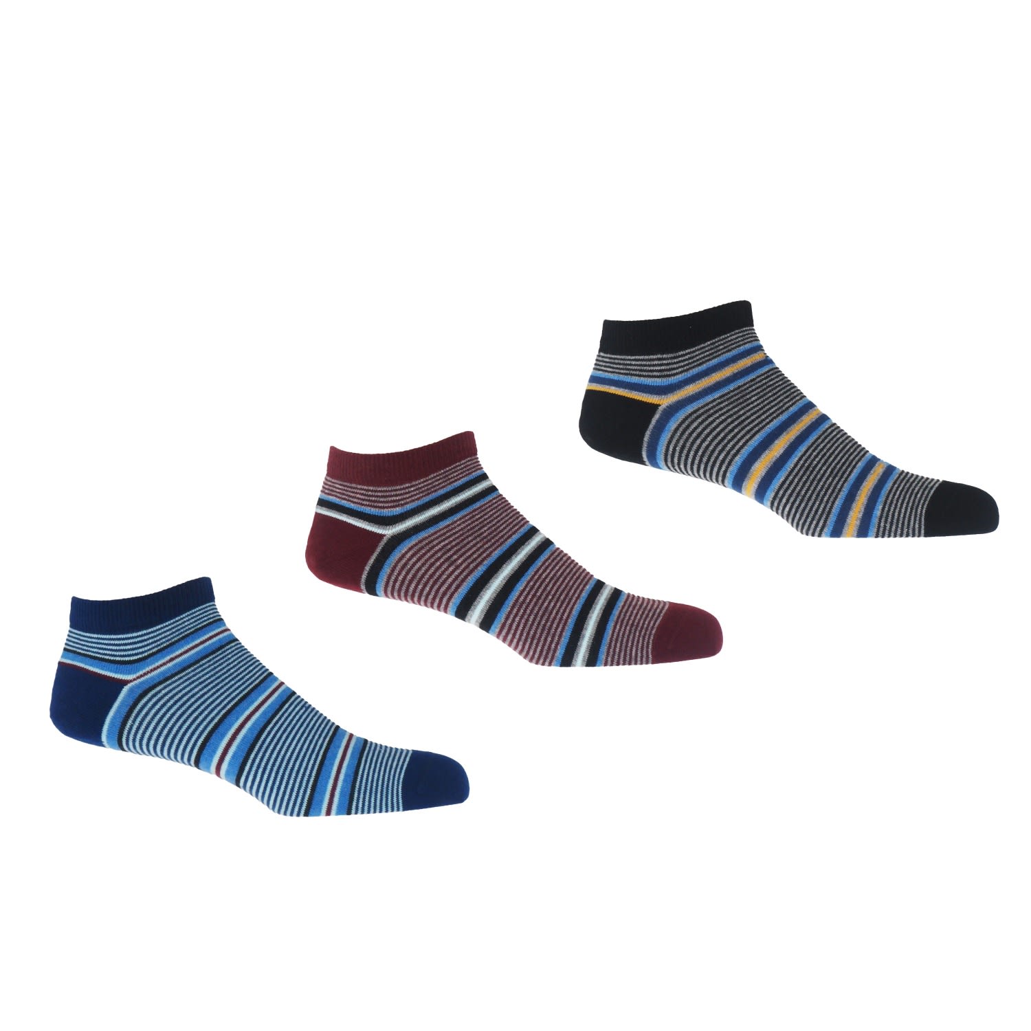 Multistripe Men’s Trainer Socks Bundle - Navy, Burgundy & Black Peper Harow - Made in England