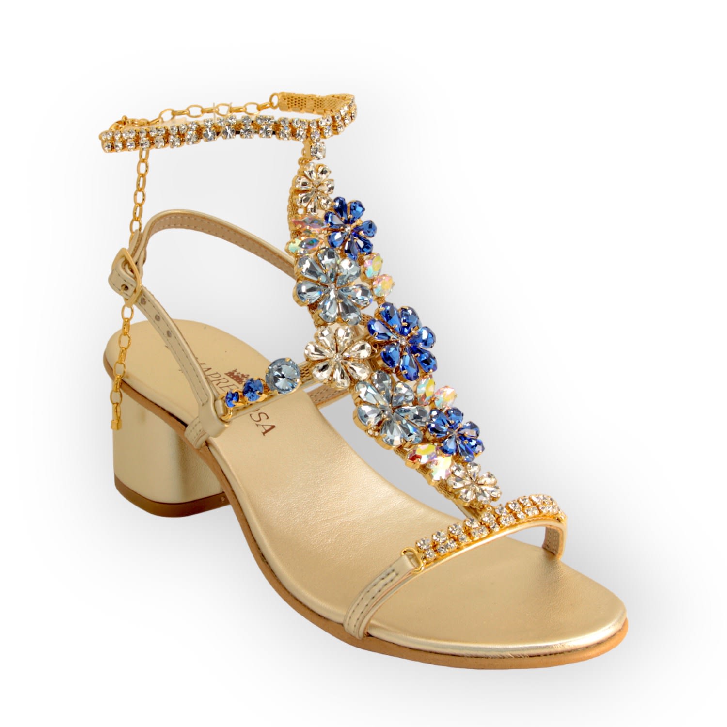 Women’s Gold Daisy Aquamarine, Jewel Sandal With Crystal Flowers And Block Heel 8 Uk Damapreziosa