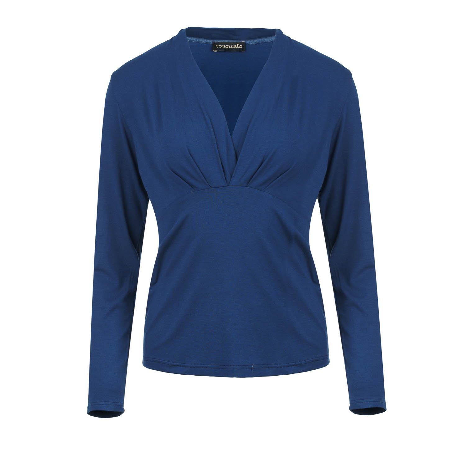 Women’s Blue Long Sleeve Faux Wrap Top In Stretch Jersey Sustainable Fabric Medium Conquista