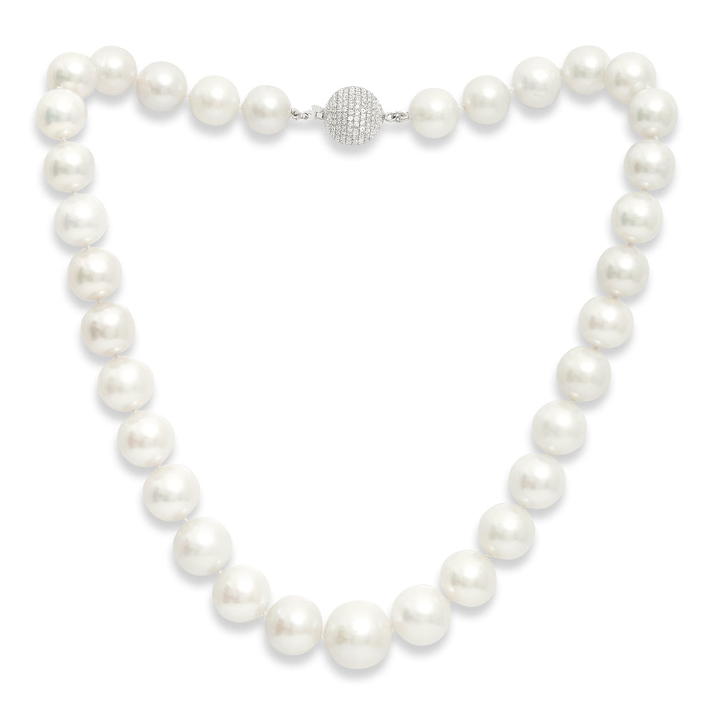 Women’s White Gratia Large Almost Round Cultured Freshwater Pearl Necklace With Round Pave Clasp Pearls of the Orient Online