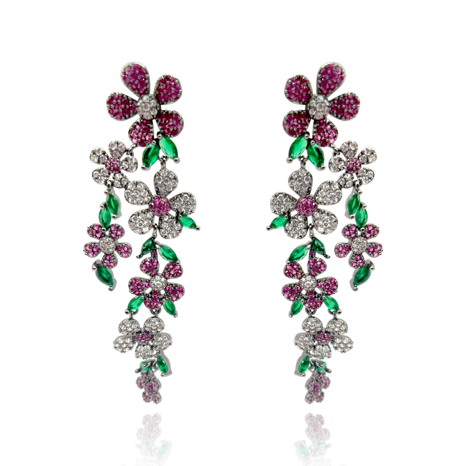 Women’s Floral Pave Pierced Earrings Multi-Color Set In Blackened Rhodium Michael Nash Jewelry