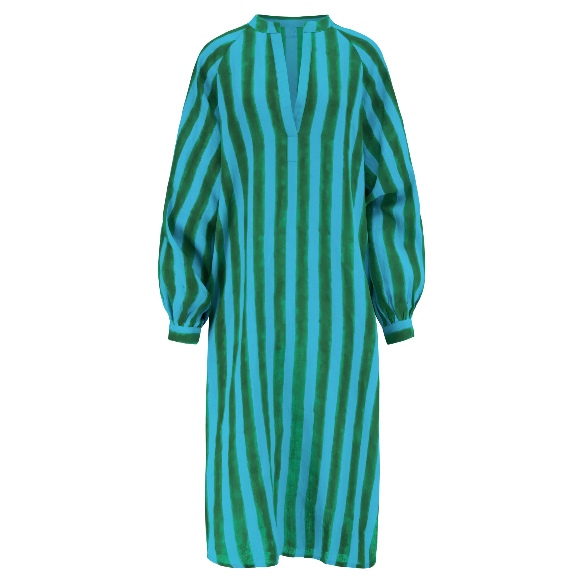 Women’s Green / Blue Ruby Kaftan Raglan Long Sleeved Linen Dress With Side Pockets In Green And Blue Cabana Stripe Block Print One Size Kate Austin Designs