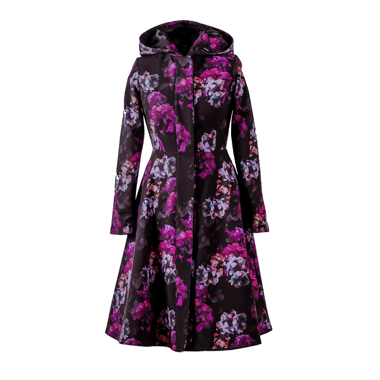 Women’s Pink / Purple / Black Fit And Flare Black Waterproof Coat With Hydrangea Pattern: Hortense Small Rainsisters