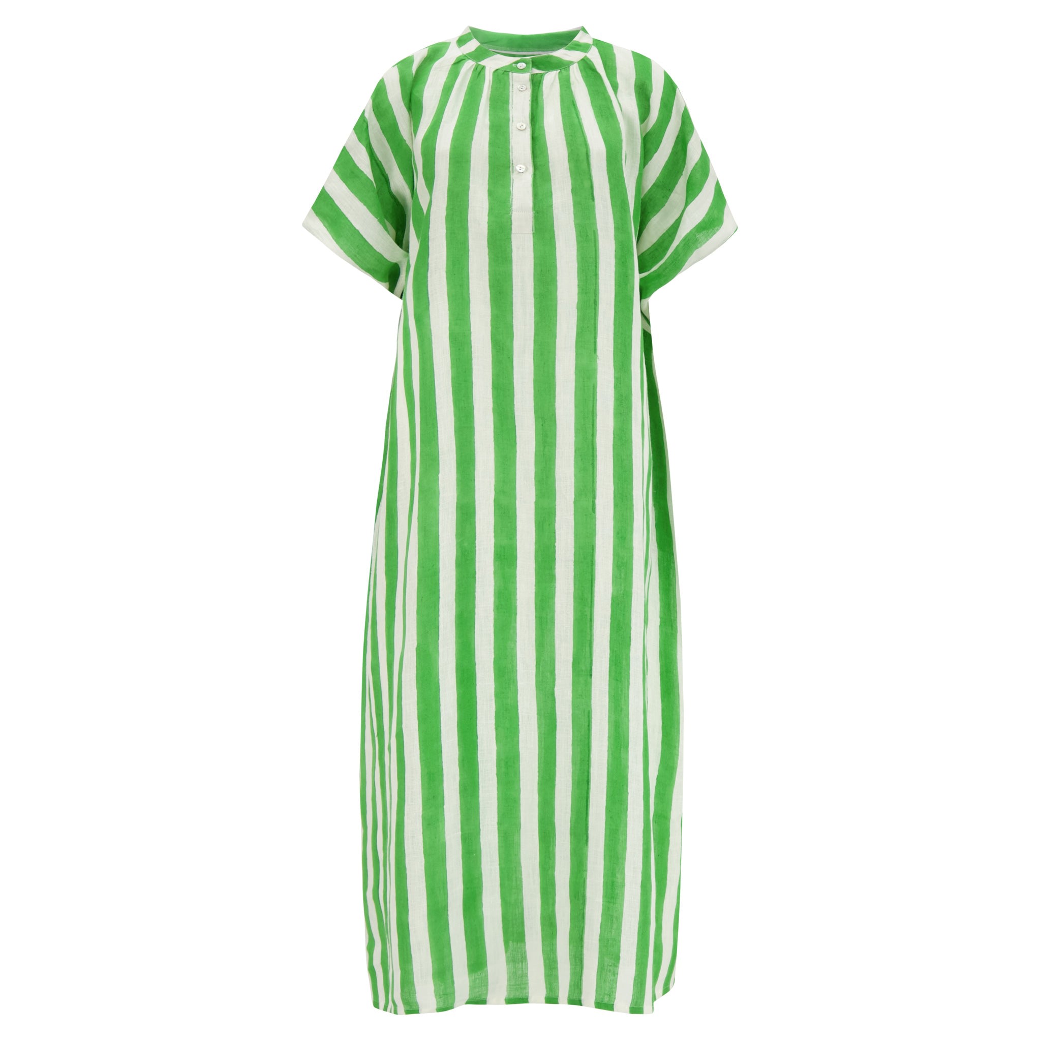 Women’s Green / White Shary Linen Short-Sleeved Long Dress With Gathered Neckline And Side Pockets In Green And White Cabana Stripe Block Print One Size Kate Austin Designs