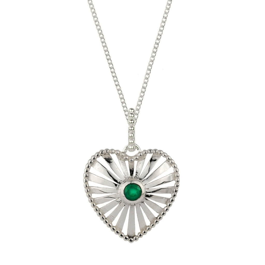 Women’s Heart Rays Silver Pendant Necklace - Green Onyx Charlotte’s Web Jewellery