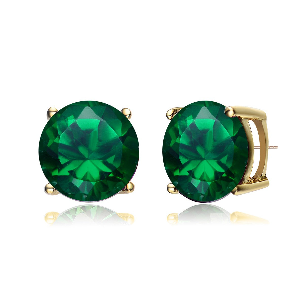 Women’s Gold / Green Sterling Silver Gold Plated Emerald Cubic Zirconia Solitaire Stud Earrings Genevive Jewelry