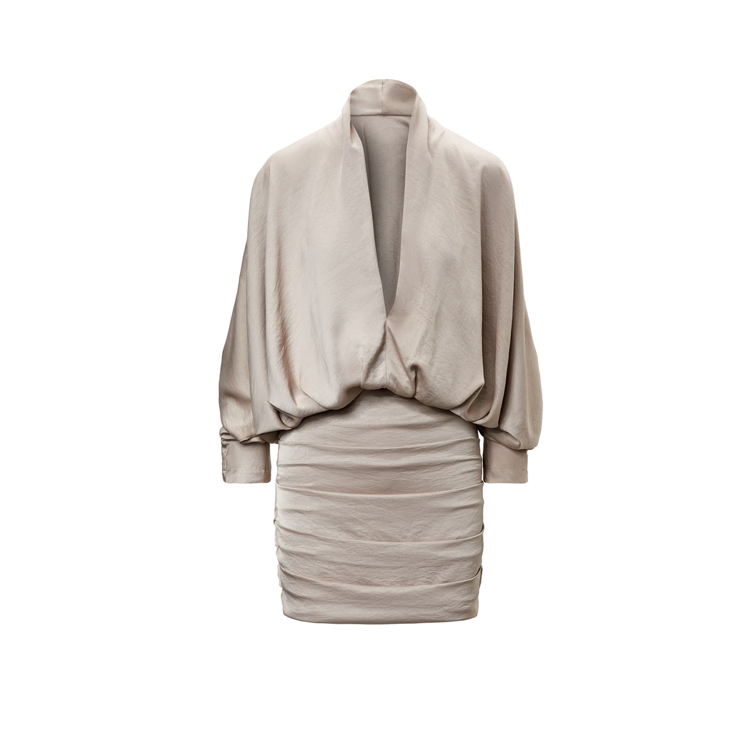 Women’s Neutrals Beige Mini Dress With Draping Detailing And Wide Sleeves Medium Bluzat