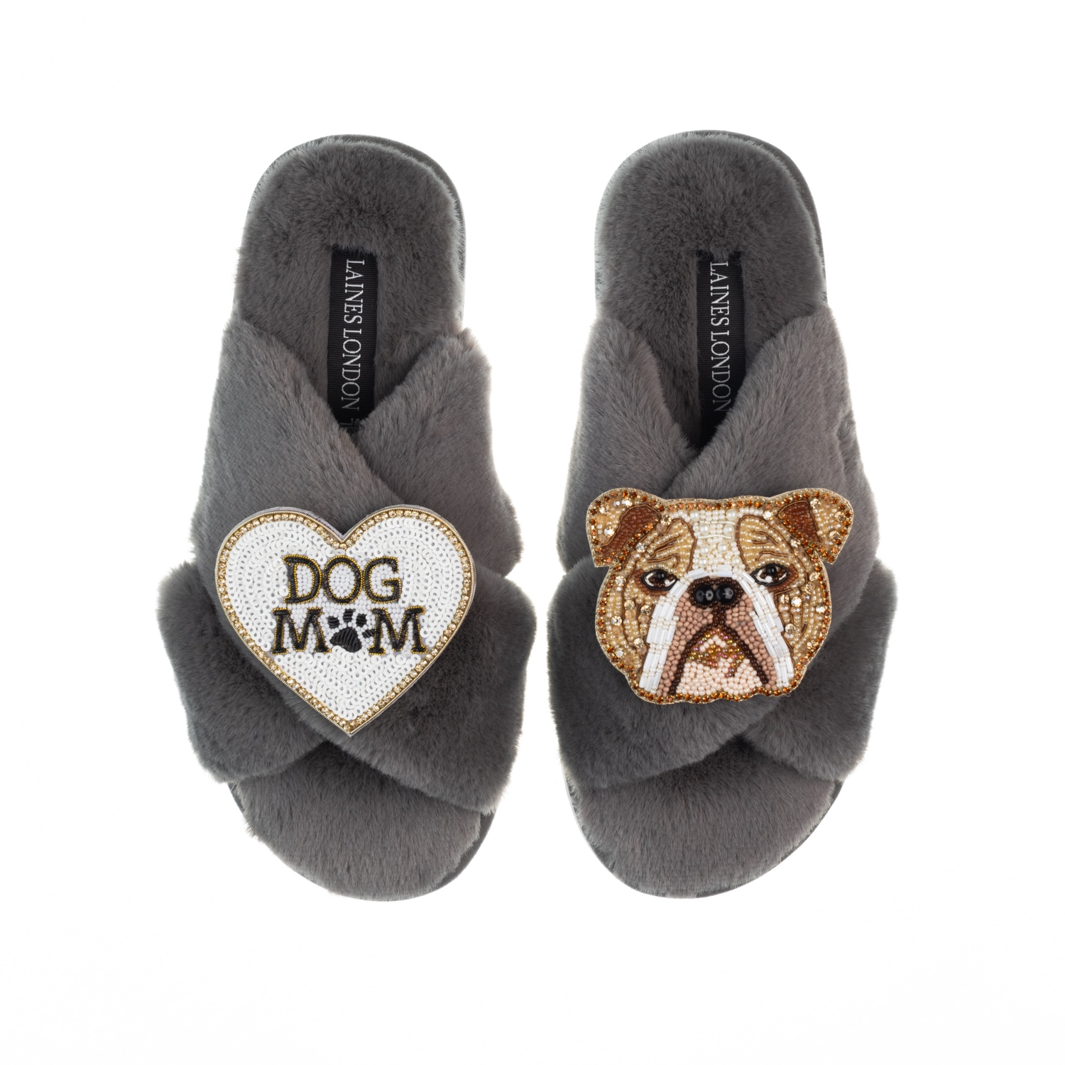 Women’s Classic Laines Slippers With Mr Beefy & Dog Mum / Mom Brooches - Grey Medium Laines London