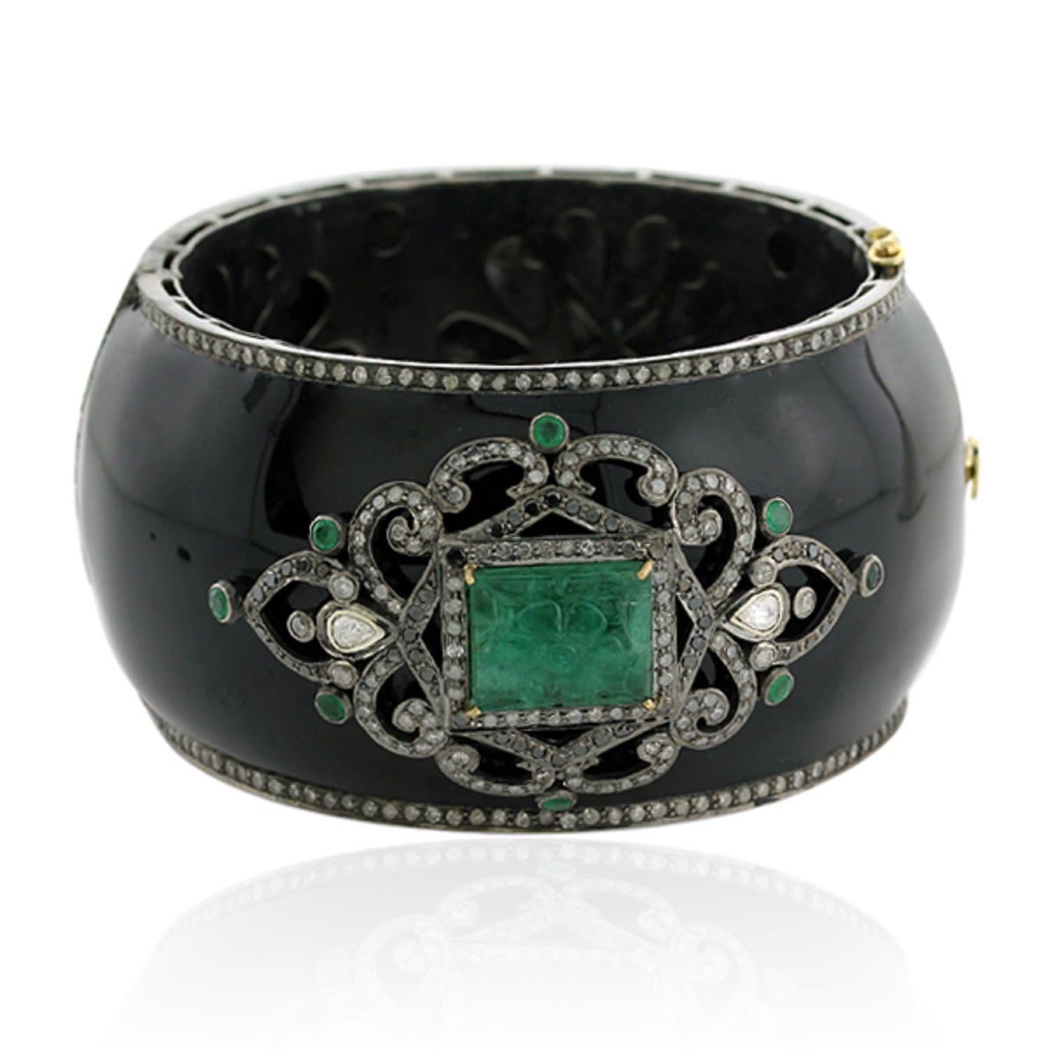 Women’s Green / Gold Carved Emerald & Pave Diamond In 18K Gold With 925 Silver Enamel Wide Bangle Artisan