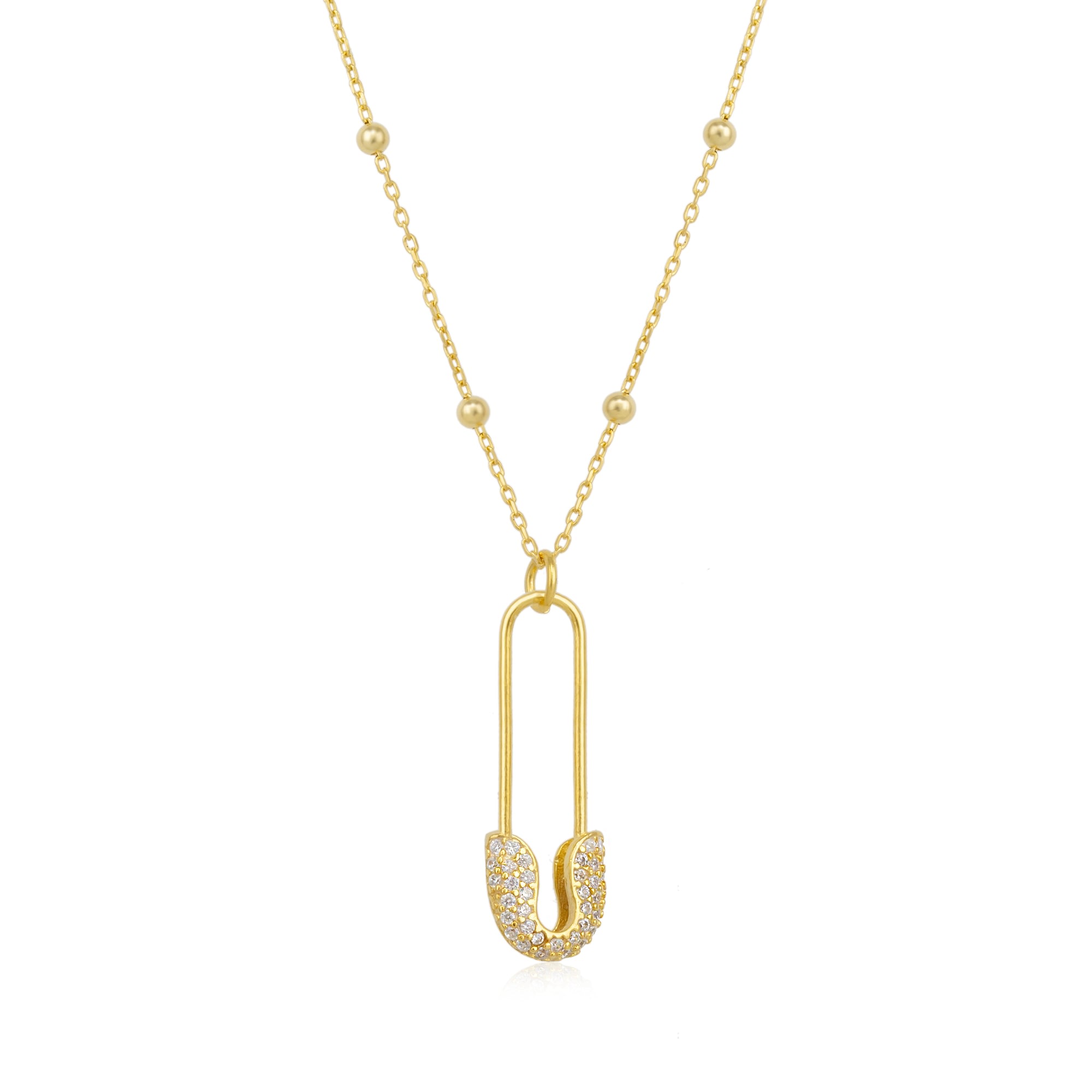 Women’s Pave Safety Pin Necklace Jewelled With Beaded Chain In Sterling Silver - Gold Spero London