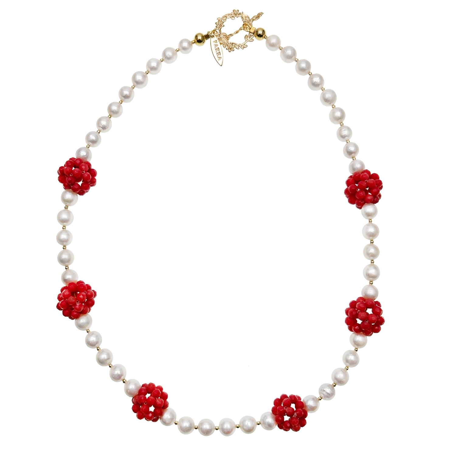 Women’s Red Coral Flower Ball And Freshwater Pearls Statement Necklace Farra