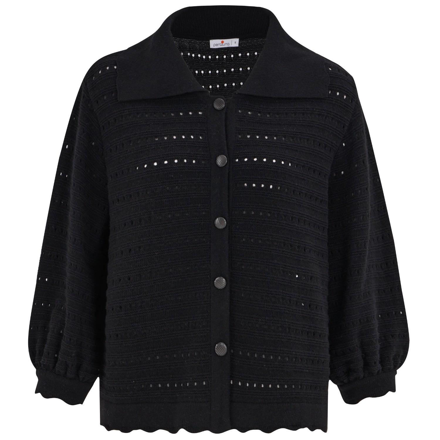 Women’s Cashmere Blend Polo Collar Openwork Knitwear Cardigan - Black Medium Peraluna