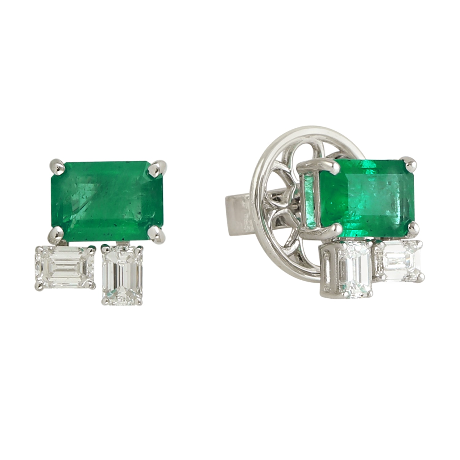 Women’s White / Green 18K White Gold In Baguette Shape Emerald & Diamond Designer Stud Earrings Artisan