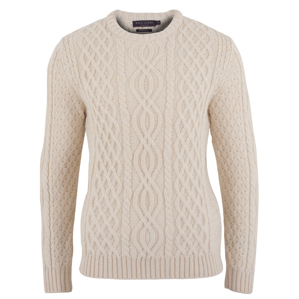 Neutrals Mens British Wool Aran Jarvis Cable Sweater - Ecru Extra Large Paul James Knitwear