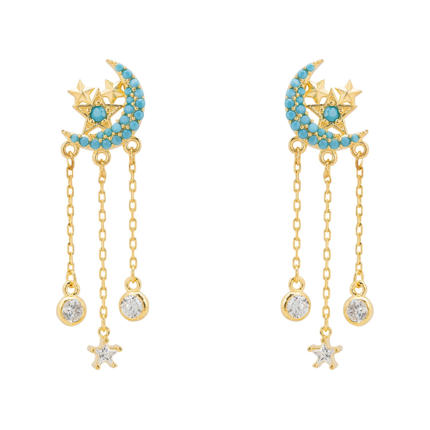 Women’s Gold / Blue / White Lunar Moon Chain Drop Earrings Gold Turquoise Latelita