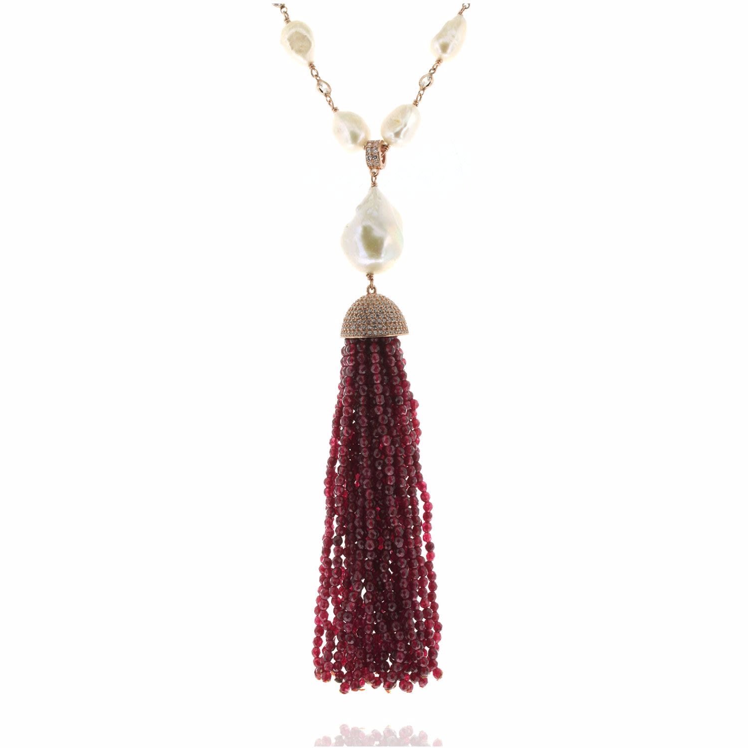Women’s Pearl And Red Jade Tassel Necklace In Rose Gold Cosanuova