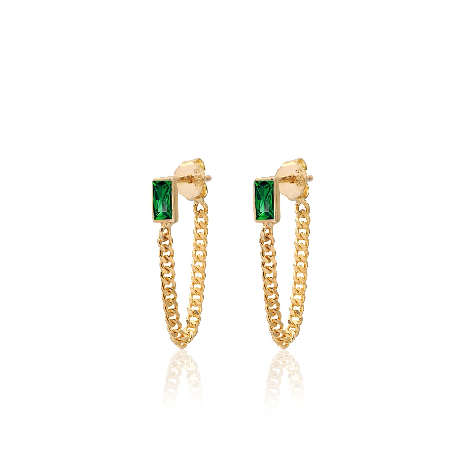 Women’s Green / Gold Cadea Silver Chain Earrings With Baguette Cut Green Cubic Zirconia Pia & Co.