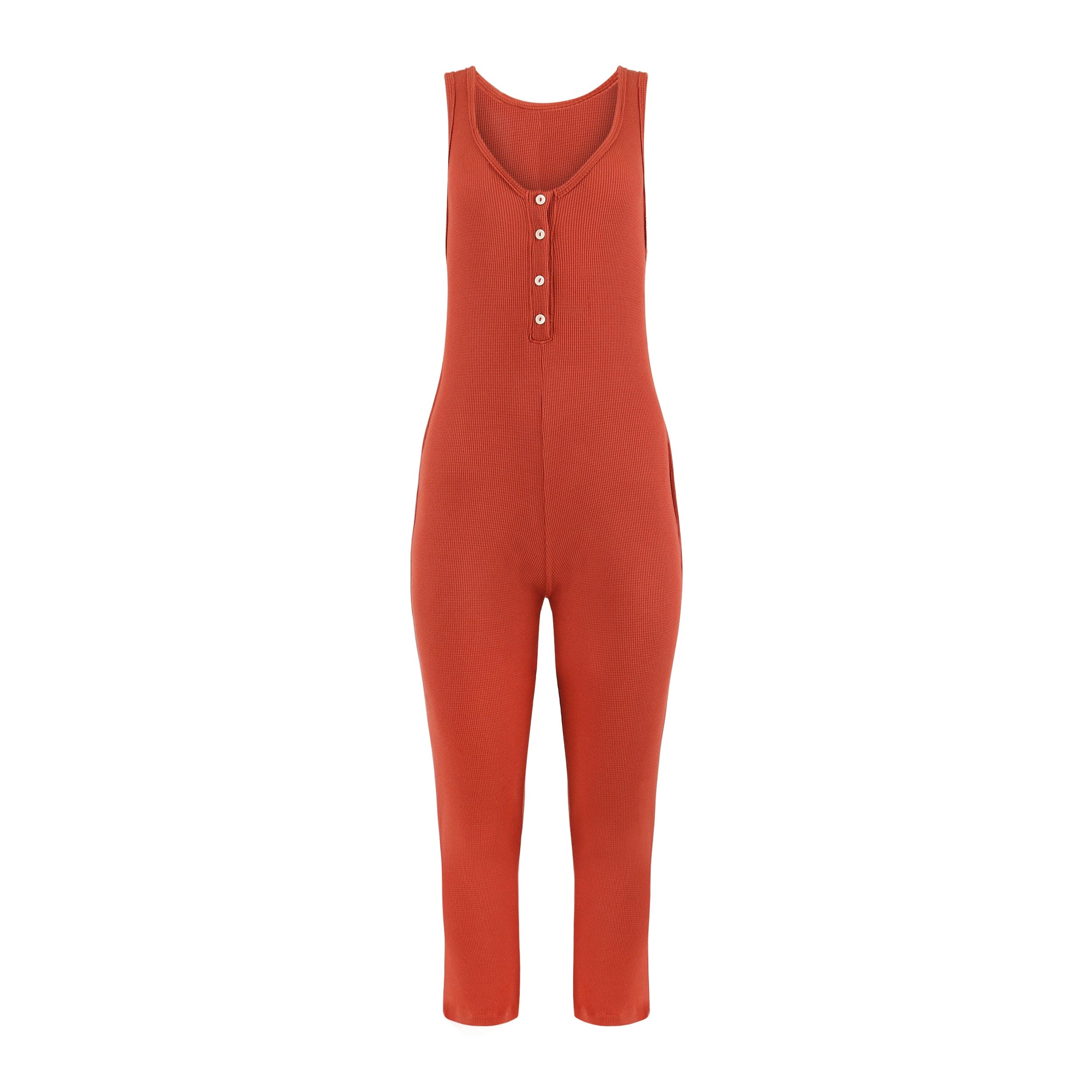 Women’s Costa Organic Cotton Waffle Thermal Pocketed Jumpsuit - Brick Medium Lezat