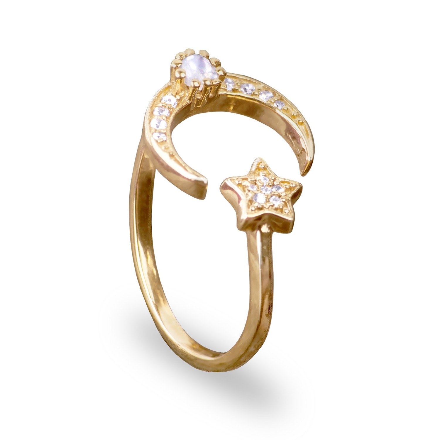 Women’s Gold / White Adjustable Ring With Star And Moon In Gold Vermeil With Cz And Moonstone The Jewellery Store London