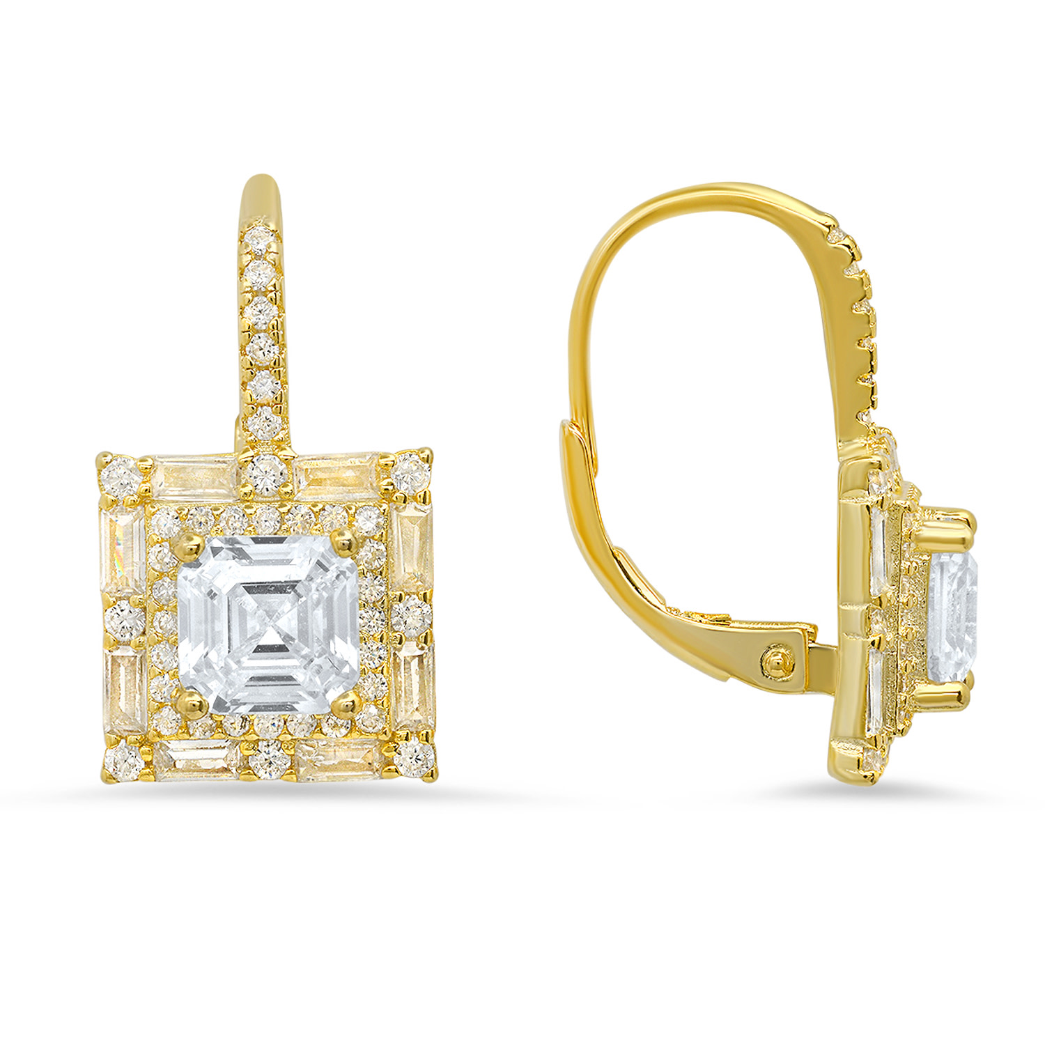 Women’s Gold Asscher Cut Halo Diamond Cz Leverback Earrings Kylie Harper