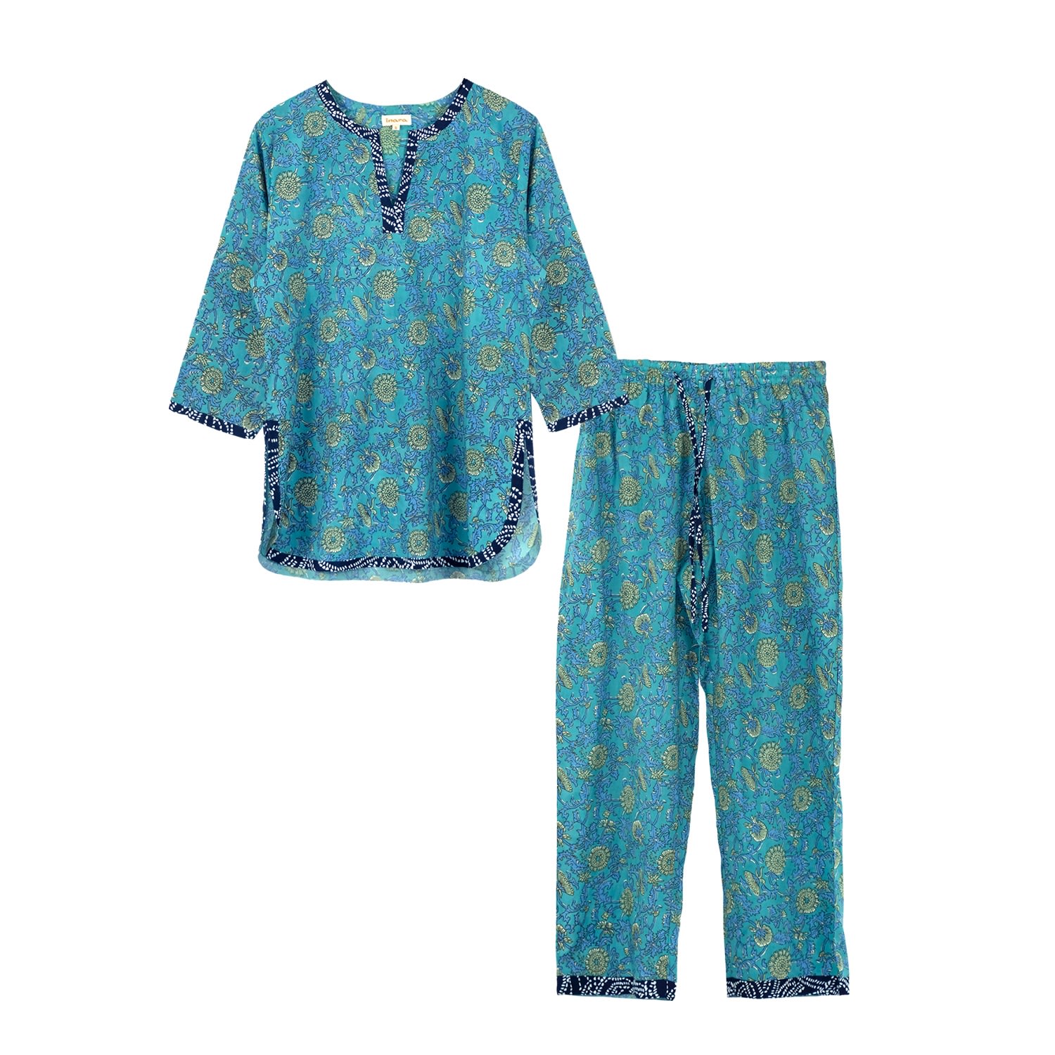 Women’s Blue Indian Cotton Waterlily Print Pyjamas Small Inara