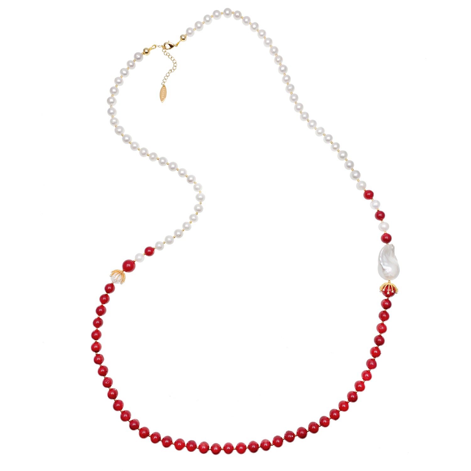 Women’s Red / White Freshwater Pearls And Red Coral With Baroque Pearl Timeless Necklace Farra