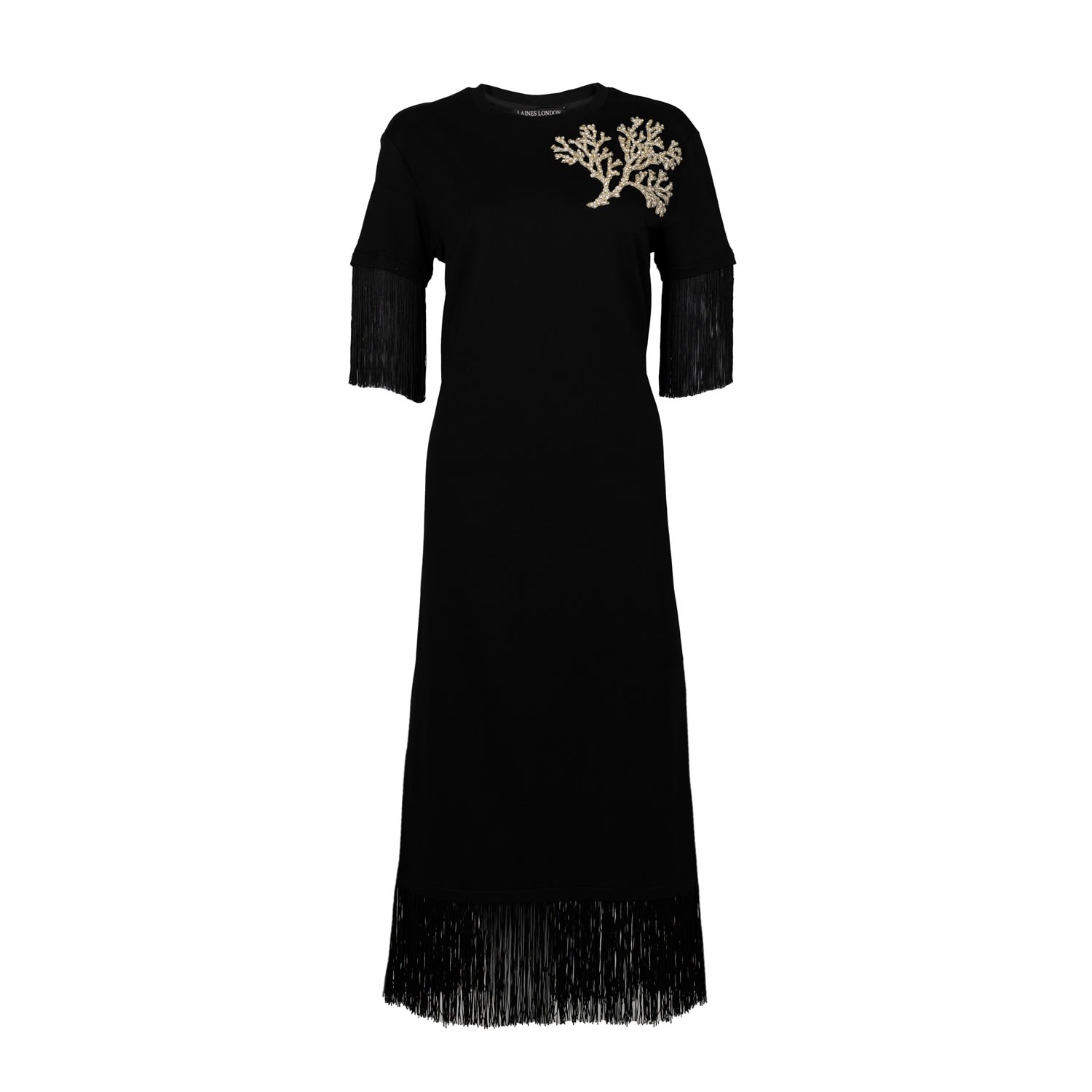 Women’s Laines Couture Fringed Tassel Dress With Embellished Coral - Black L/Xl Laines London