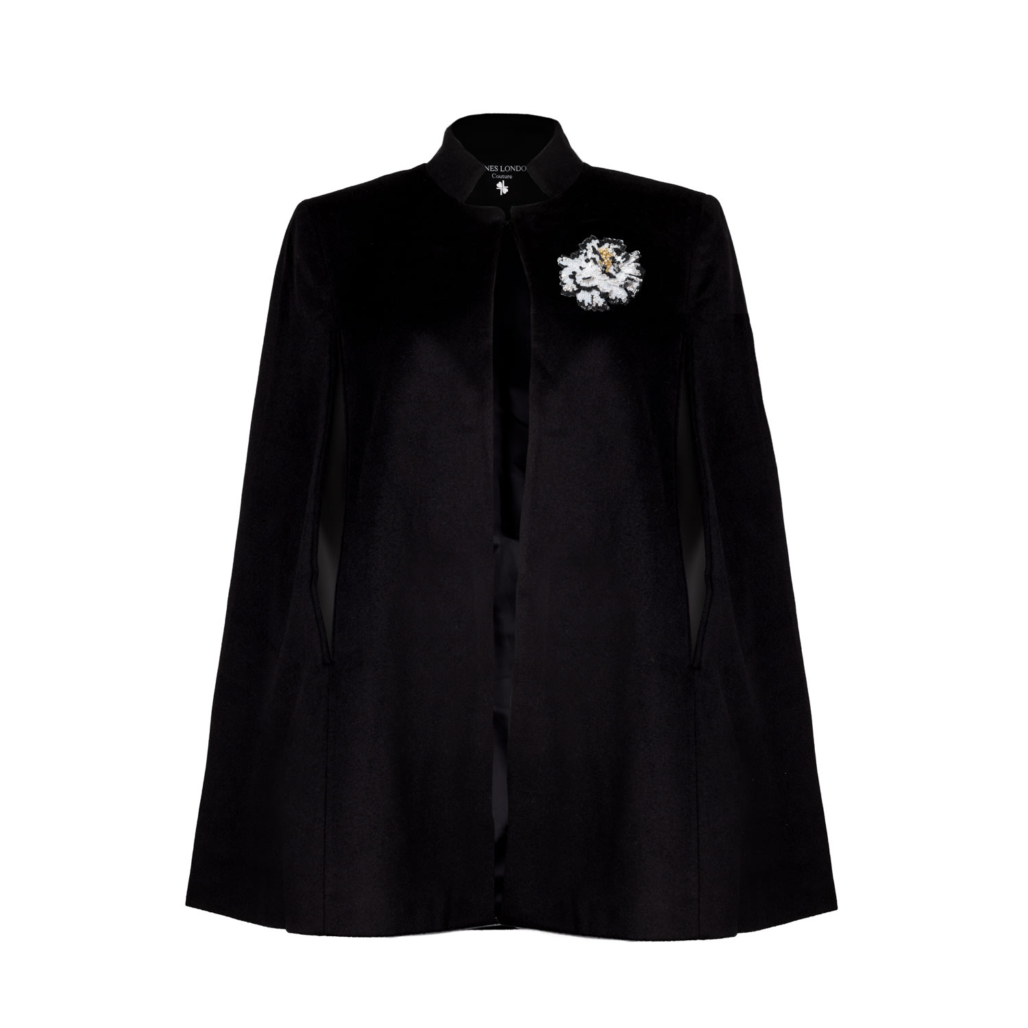 Women’s Laines Couture Wool Blend Cape With Embellished Black & White Peony - Black L/Xl Laines London