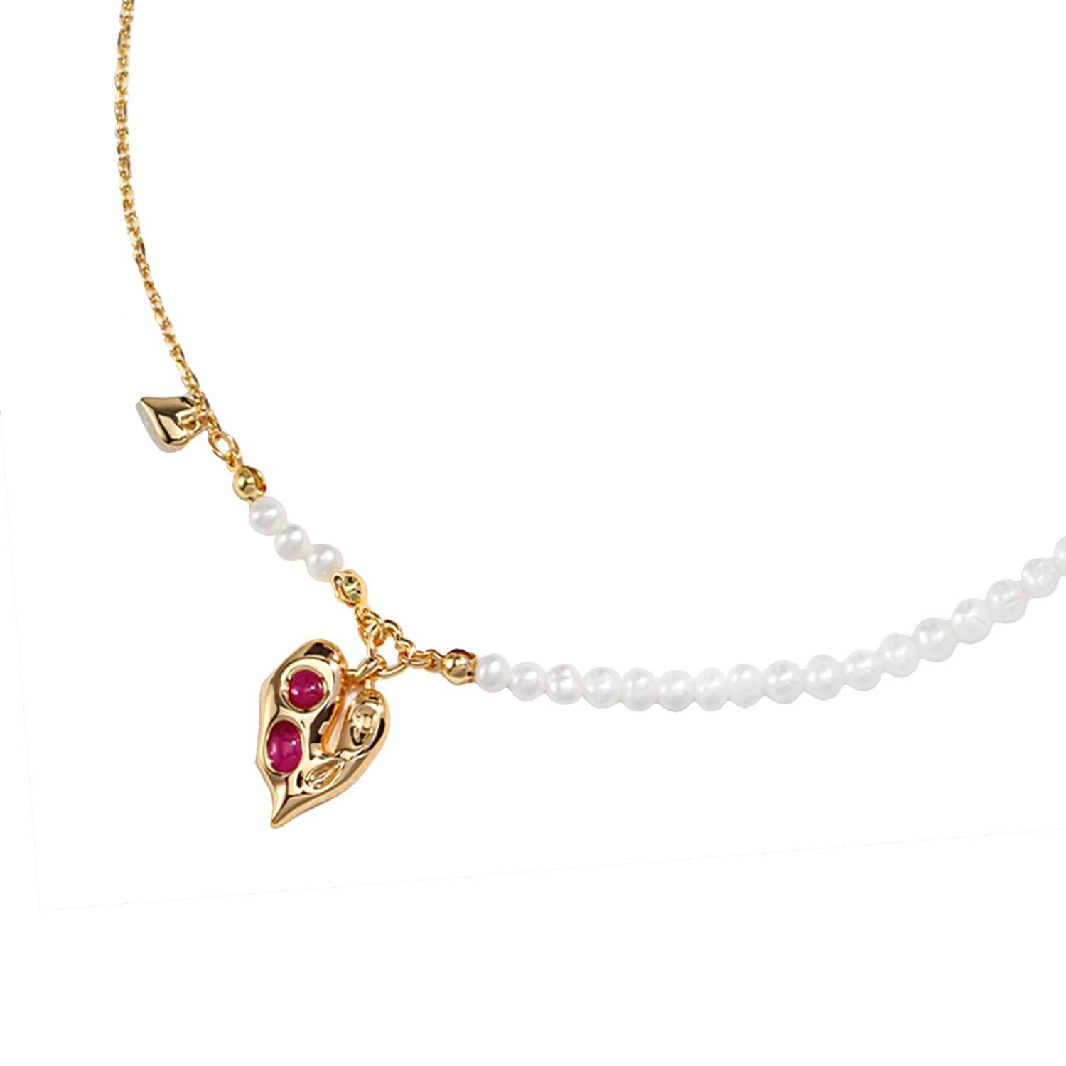 Women’s Gold Heart With Red Zircon Pendant Silver And Freshwater Pearls Necklace Ms. Donna