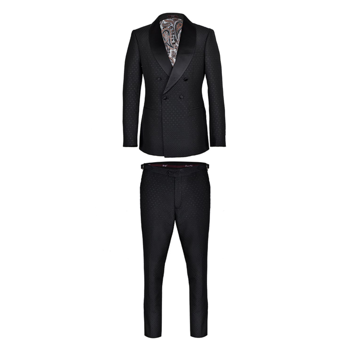 Men’s David Wej Signature Double Breasted Shawl Lapel Dotted Jacquard Tuxedo - Black M