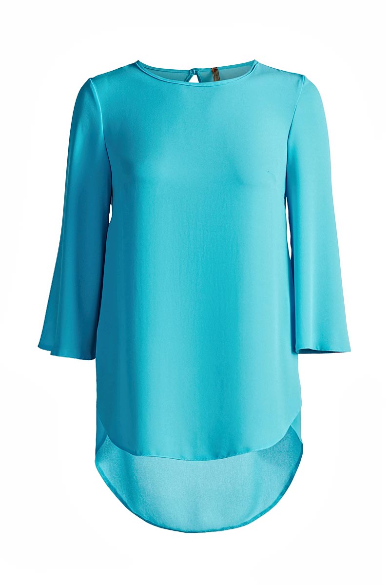 Women’s Blue Tunic With Bell Sleeves In Georgette Fabric Round Neck Medium Conquista