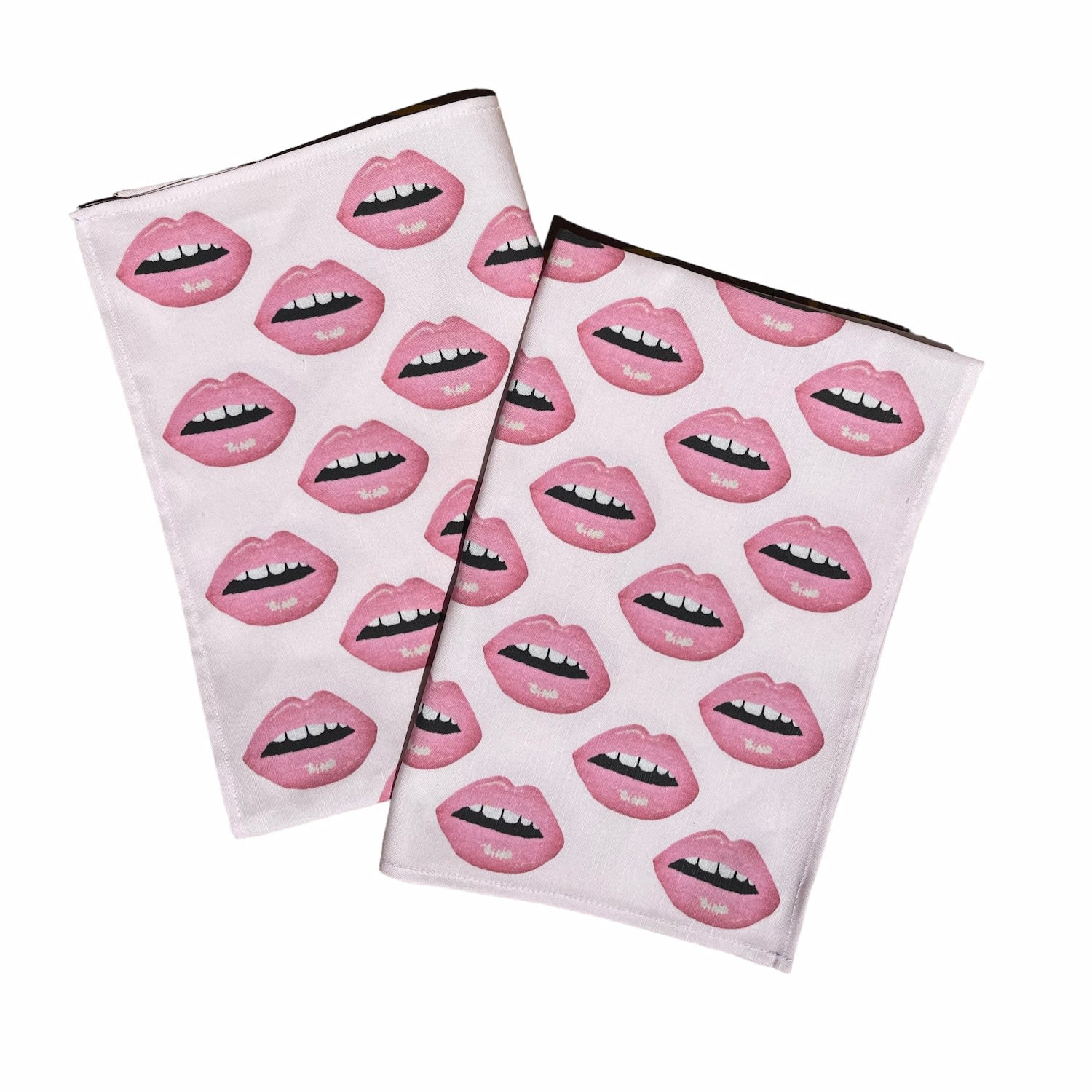 Pink / Purple Blush "Bisous Bisous!" Kiss Kiss Linen-Cotton Tea Towels, Set Of Two Mommani Threads