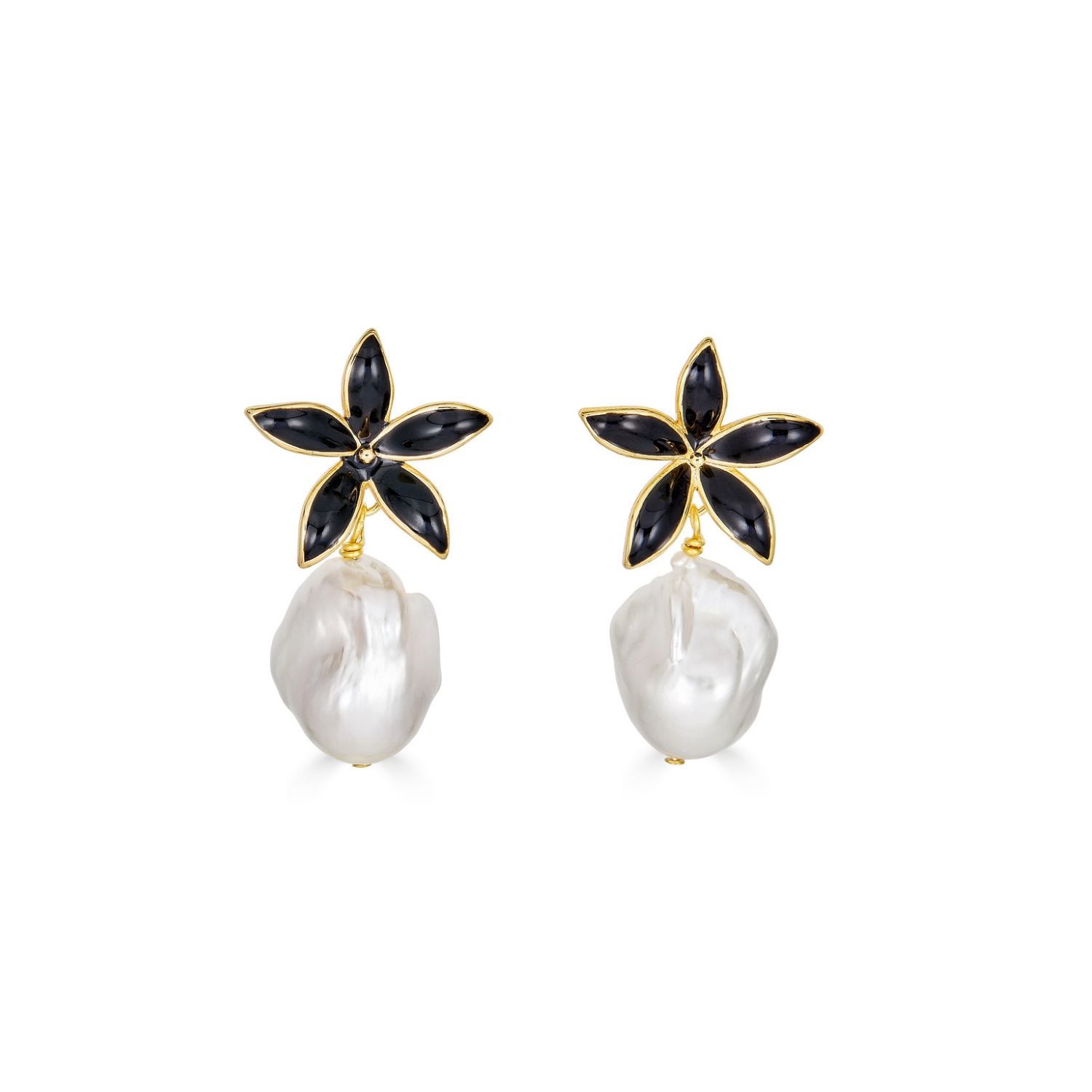 Women’s Black / White Dalia Flower Earrings With Baroque Pearl Rodela