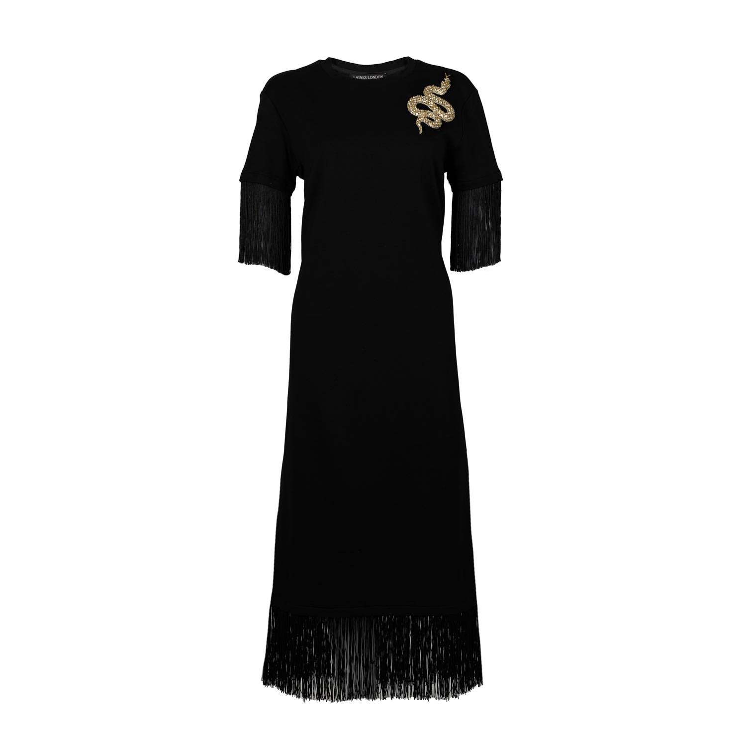 Women’s Laines Couture Fringed Tassel Dress With Embellished Snake - Black L/Xl Laines London