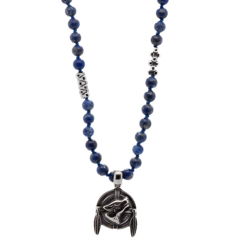 Men’s Blue / Silver Lapis Lazuli Stone Beaded Brave Wolf Necklace - Blue Ebru Jewelry