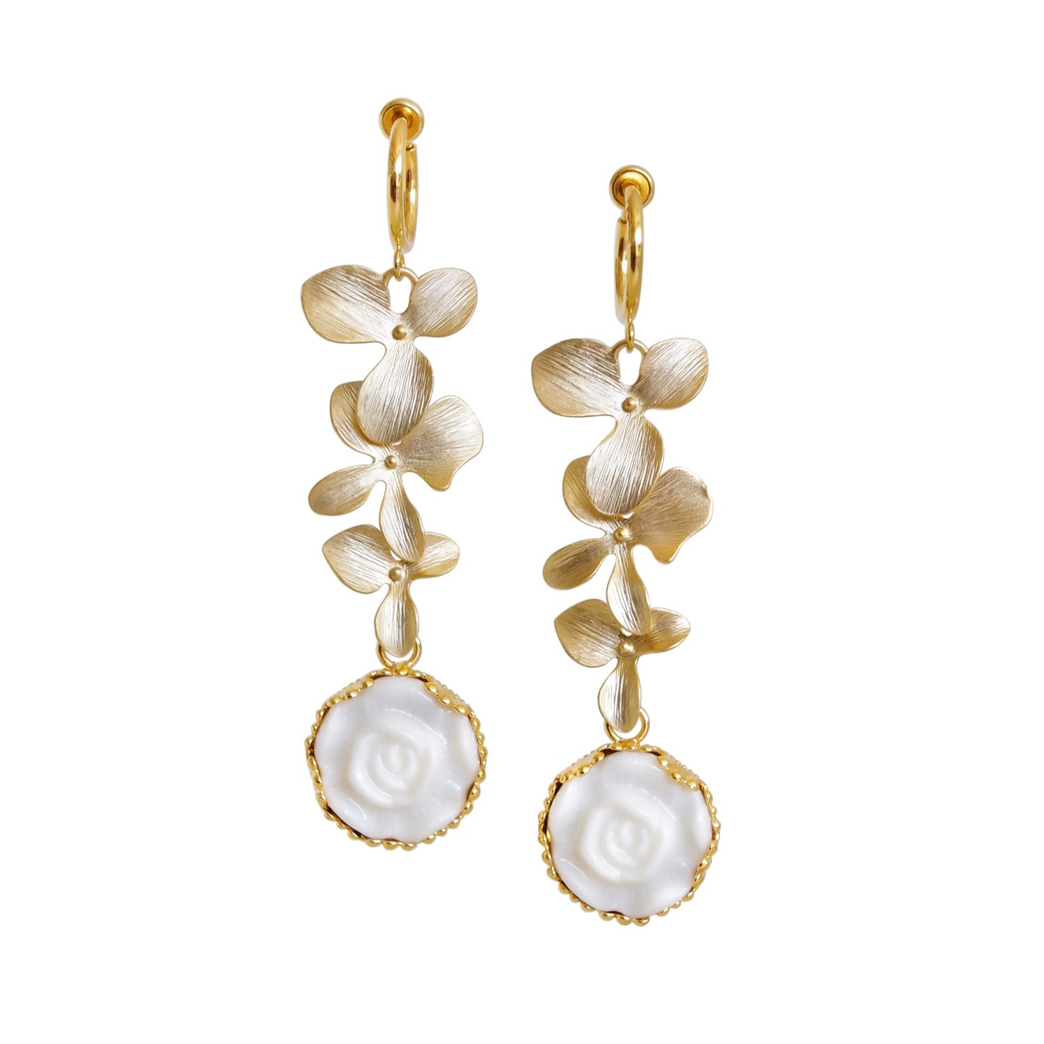 Women’s Gold / White Porcelain Moonlight Rose And Triple Leaves Clip-On Earrings Poporcelain