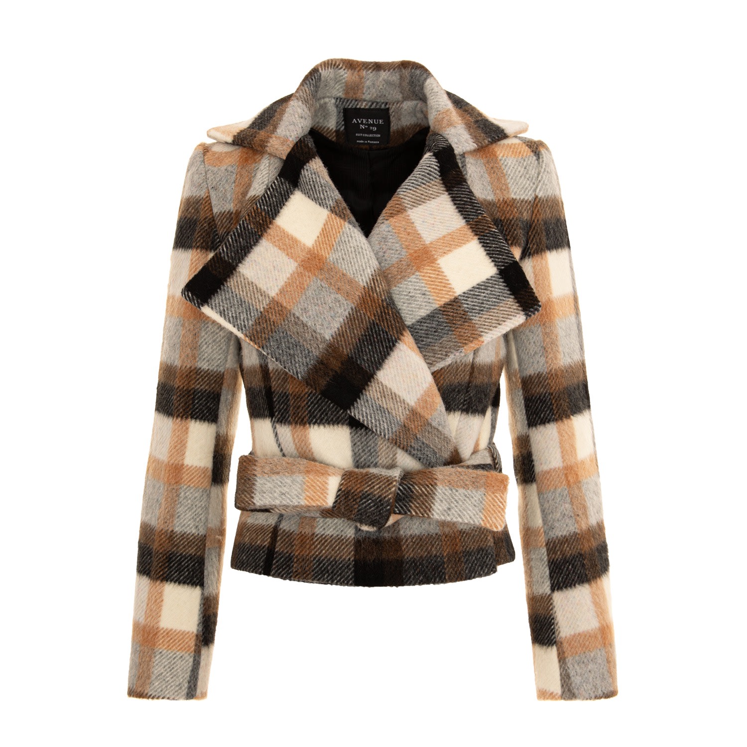 Women’s Neutrals Checked Wool Double Breasted Wide Lapel Jacket With Belt Large Avenue no.29