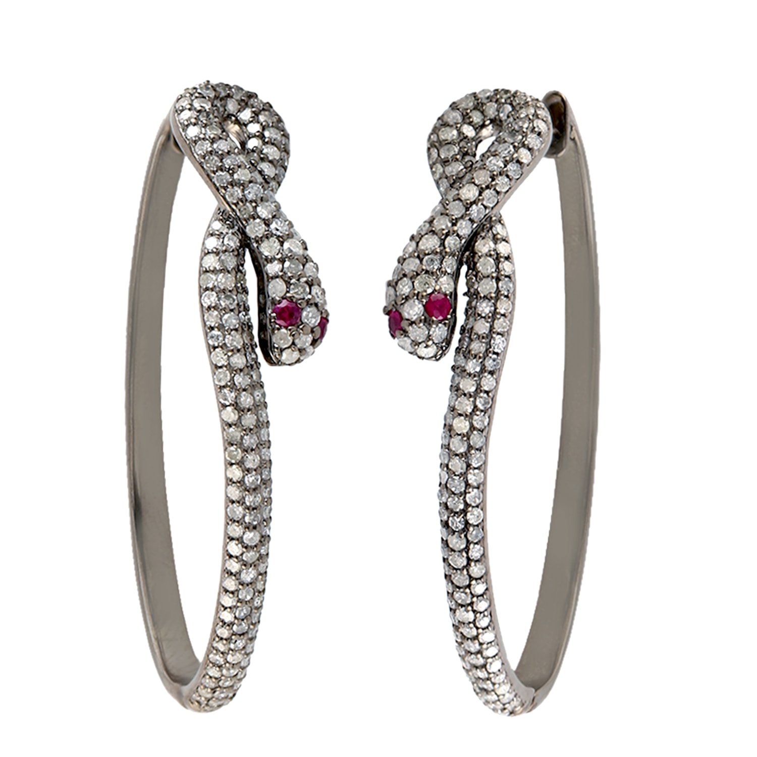 Women’s White / Red Natural Pave Diamond With Ruby In 18K White Gold & Sterling Silver Snake Hoop Earrings Artisan